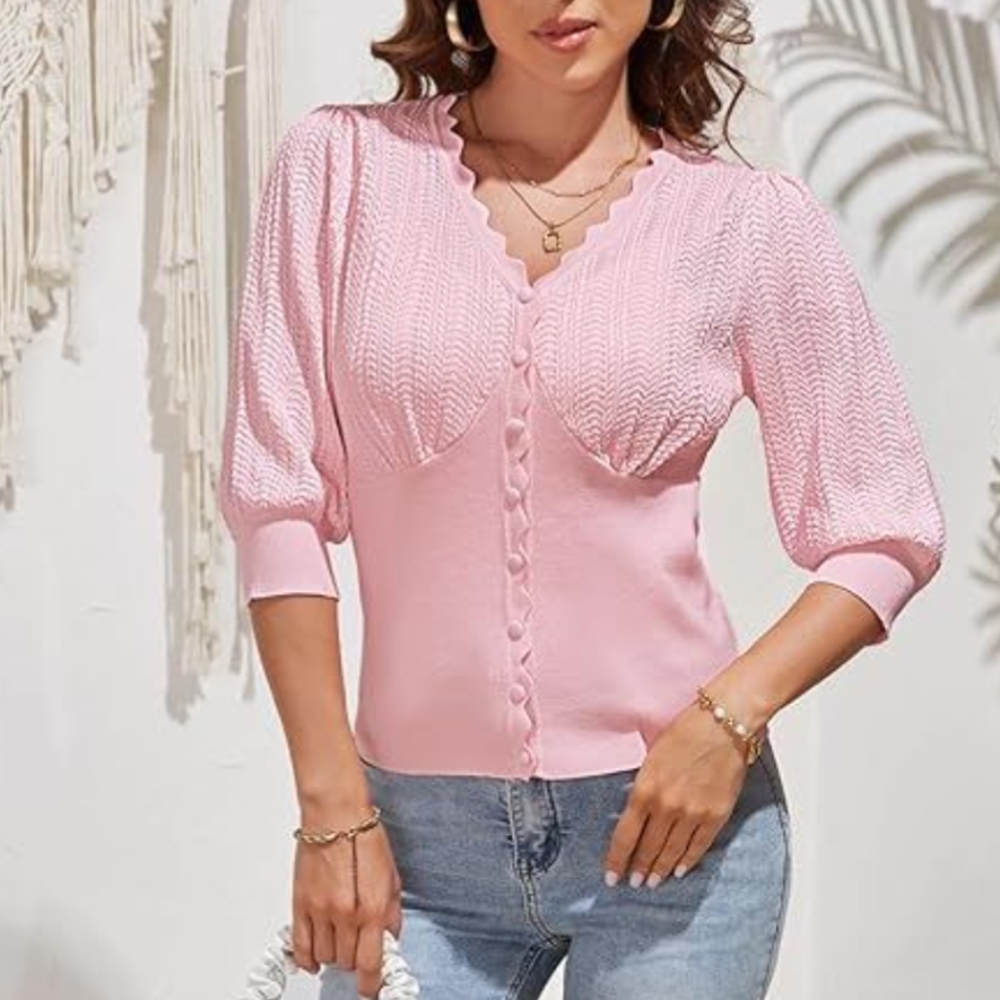 🩷 GRACE KARIN Pink Sweater Sz L Womens 3/4 Sleeve Cropped V-neck CARDIGAN